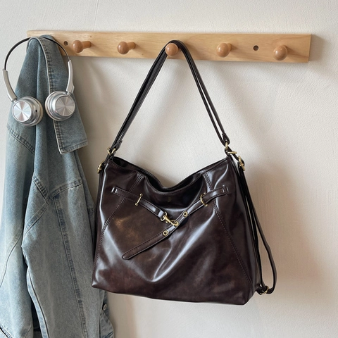 Damen Retro PU Leder Große Kapazität Tote Bag Minimalistisch Vintage Hobo Schultertasche Mit Doppeltem Riemen Pendler Handtasche