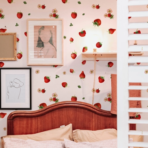 Stickers Muraux Motif Fraise PVC Imperméable Amovible Décalcomanie Pour Cuisine Chambre Décoration Maison Fleurs Botaniques Art Mural