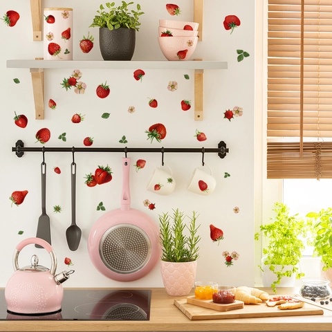 Stickers Muraux Motif Fraise PVC Imperméable Amovible Décalcomanie Pour Cuisine Chambre Décoration Maison Fleurs Botaniques Art Mural