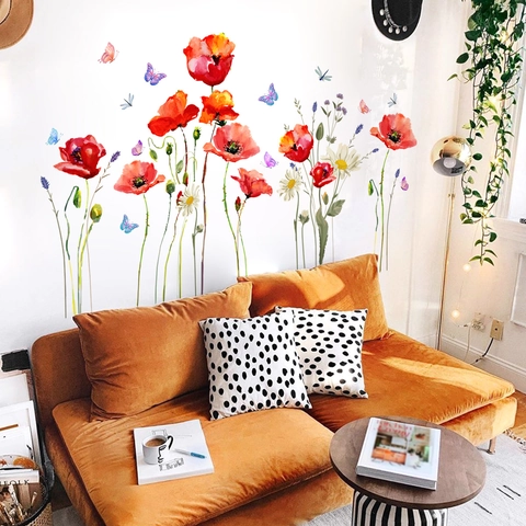 Aquarell Mohnblume Floral Schmetterling Wandaufkleber PVC Selbstklebend Abnehmbar Wohnzimmer Schlafzimmer Wanddekoration Modern Kunst