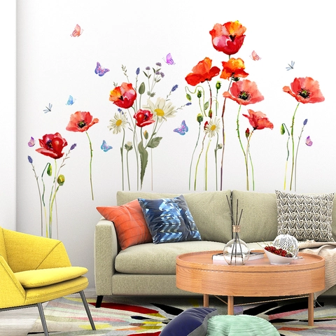 Aquarell Mohnblume Floral Schmetterling Wandaufkleber PVC Selbstklebend Abnehmbar Wohnzimmer Schlafzimmer Wanddekoration Modern Kunst