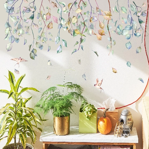 Adhesivos de Pared de Enredadera de Hojas Verdes de Acuarela para Sala de Estar Dormitorio Pájaro Hoja PVC Arte de Pared Hogar