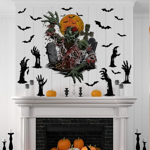 Adesivi Murali Halloween Zombie Pipistrelli Mano Silhouette PVC Decalcomanie Decorazione Festa Casa Stregata Spaventosa DIY Murali
