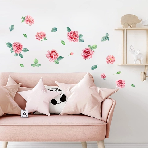 Pink Rose Flower Wall Stickers PVC Watercolor Floral Self-Adhesive Removable Decal For Bedroom Living Room Home Decor