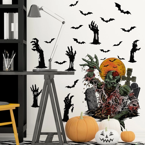 Adesivi Murali Halloween Zombie Pipistrelli Mano Silhouette PVC Decalcomanie Decorazione Festa Casa Stregata Spaventosa DIY Murali