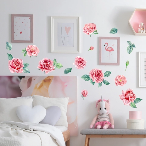 Pink Rose Flower Wall Stickers PVC Watercolor Floral Self-Adhesive Removable Decal For Bedroom Living Room Home Decor