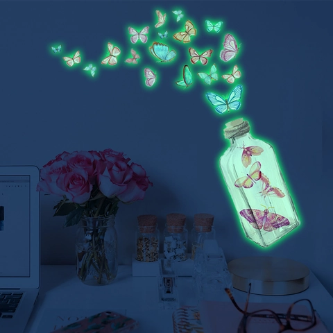 Luminous Butterfly Glass Bottle Wall Stickers PVC Glow In The Dark Self Adhesive Fluorescent Decals Kids Room Decor