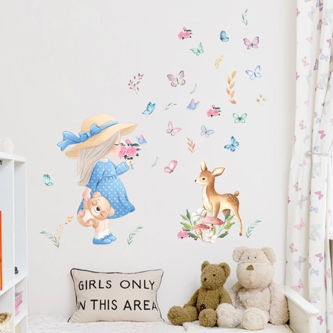Stickers Muraux Dessin Animé Fille Et Cerf Papillon Fleur PVC Autocollant Imperméable Décoration Chambre Enfant Fille