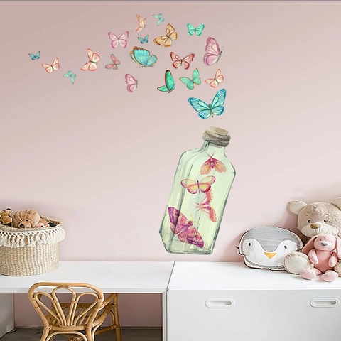 Luminous Butterfly Glass Bottle Wall Stickers PVC Glow In The Dark Self Adhesive Fluorescent Decals Kids Room Decor