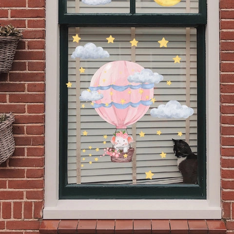 Cartoon Hot Air Balloon Elephant Wall Stickers PVC Removable Decor For Kids Nursery Bedroom Window Watercolor Style