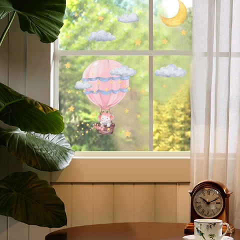 Cartoon Hot Air Balloon Elephant Wall Stickers PVC Removable Decor For Kids Nursery Bedroom Window Watercolor Style