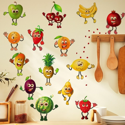 Pegatinas De Pared De Frutas De Dibujos Animados Personajes De PVC Autoadhesivas Para Refrigerador Decoración Cocina