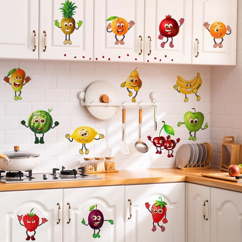 Pegatinas De Pared De Frutas De Dibujos Animados Personajes De PVC Autoadhesivas Para Refrigerador Decoración Cocina