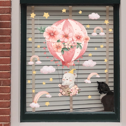 Cartoon Bear Hot Air Balloon Window Sticker Pink Floral Watercolor PVC Wall Decal For Nursery Children Room Home Decor