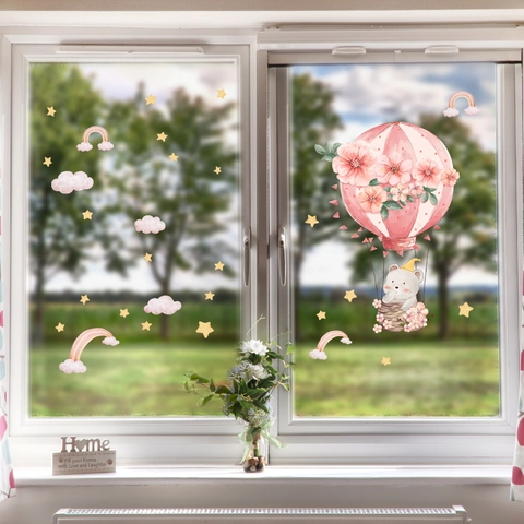Cartoon Bear Hot Air Balloon Window Sticker Pink Floral Watercolor PVC Wall Decal For Nursery Children Room Home Decor