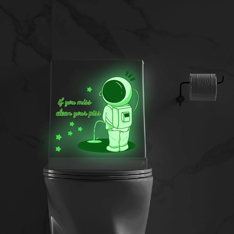 Sticker de Toilette Astronaute Lumineux Étoile Slogan Drôle Humour Amovible Imperméable PVC Décalcomanie Murale de Salle de Bain