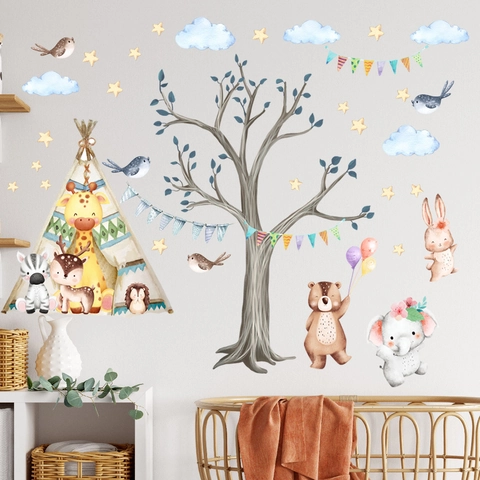 Watercolor Cartoon Forest Animal Tree Wall Decals For Kids Room Nursery Decor PVC Removable Elephant Bear Giraffe Stickers