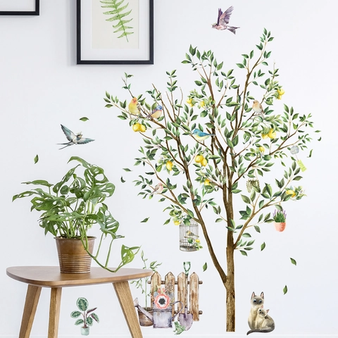 Stickers Muraux Citronnier Oiseaux Chats Aquarelle PVC Décoration Chambre Salon Fond Imperméable Amovible
