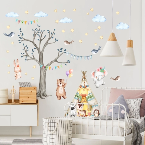 Watercolor Cartoon Forest Animal Tree Wall Decals For Kids Room Nursery Decor PVC Removable Elephant Bear Giraffe Stickers