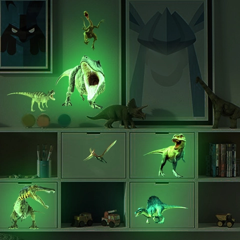 Adesivi Murali Dinosauri Fluorescenti al Buio in PVC Decalcomanie Animali 3D per Cameretta Bambini Decorazione Autoadesiva