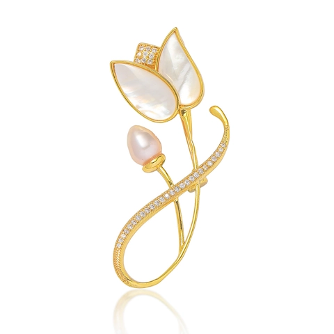 Elegant Tulip Flower Brooch Pin For Women Gold Plated Copper Brooch With White Shell Pink Pearl Micro Zirconia Inlaid Decorative Jewelry
