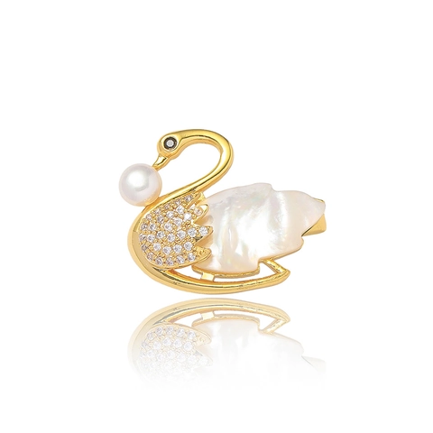 Vintage Swan Brooch Pin Brass With Mother Of Artificial Pearl And Zircon Inlay Elegant Artificial Pearl Decorative Accessory Jewelry For Women
