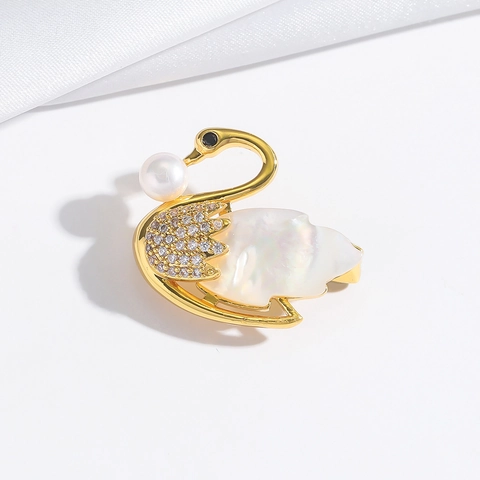 Vintage Swan Brooch Pin Brass With Mother Of Artificial Pearl And Zircon Inlay Elegant Artificial Pearl Decorative Accessory Jewelry For Women