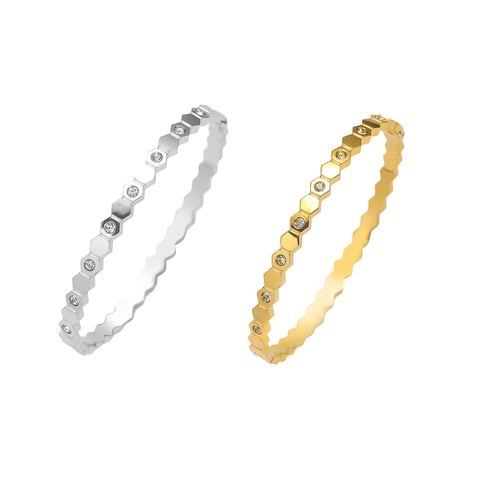 Brazalete De Acero Inoxidable Para Mujer Con Diamantes De Imitación Hexágono Geométrico Elegante Joyería De Moda Regalo Chapado En Oro