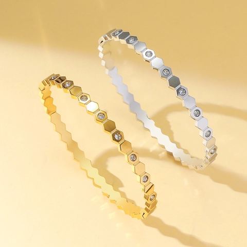 Brazalete De Acero Inoxidable Para Mujer Con Diamantes De Imitación Hexágono Geométrico Elegante Joyería De Moda Regalo Chapado En Oro