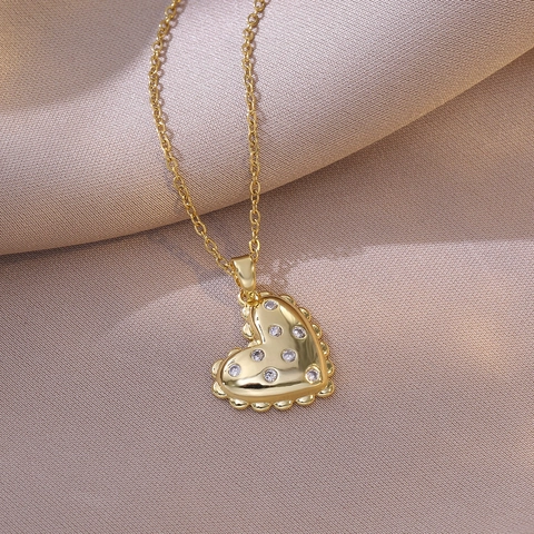 Heart Pendant Necklace Gold Plated Titanium Steel Wave Edge Inlaid Zircon Korean Style Elegant Fashion Jewelry For Women