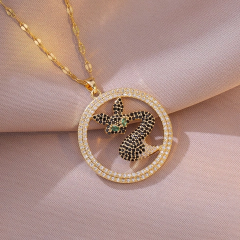 Collar Con Colgante De Zorro Acero De Titanio Con Incrustación De Circonita Color Oro Joyería De Moda Para Mujer Elegante