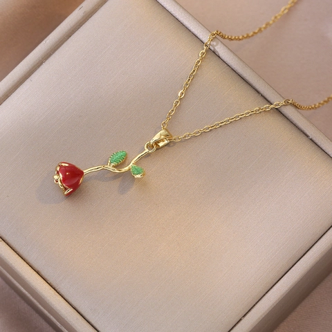 Exquisite Rose Flower Pendant Necklace Titanium Steel Enamel Red Bud Green Leaf Gold Chain Fashion Jewelry For Women