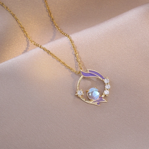 Wreath Pendant Necklace Titanium Steel Round Hollow Flower Zircon Purple Enamel Moonstone Fashion Jewelry For Women