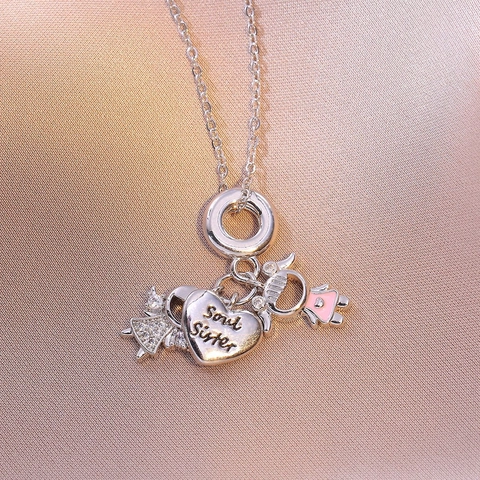 Collana Con Pendente A Cuore Soul Sister Acciaio Inossidabile Smalto Rosa Ragazza Zircone Corona Charms Gioielli Per Donne