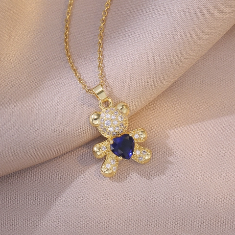Heart Bear Pendant Necklace Stainless Steel Cubic Zirconia Fashion Jewelry For Women Elegant Animal Design
