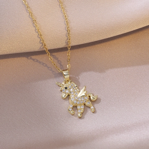 Unicorn Pendant Necklace Stainless Steel Gold Plated Zircon Inlaid Elegant Fashion Jewelry For Women