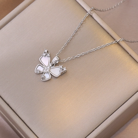 Titanium Steel Butterfly Pendant Necklace With Shell And Shiny Zircon Elegant Fashion Neckwear For Women