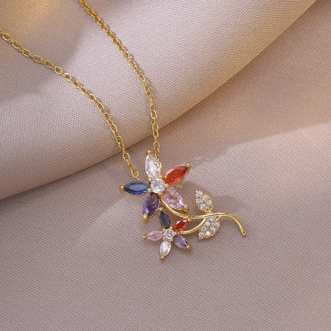 Flower Pendant Necklace Stainless Steel Colorful Marquise Zircon Crystal Light Luxury Jewelry For Women Elegant