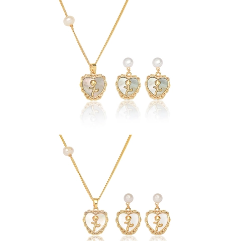 Titanium Steel Heart Rose Jewelry Set Titanium Heart Necklace Earrings French Vintage Artificial Pearl Rhinestone Jewelry For Women