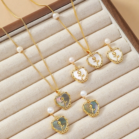 Titanium Steel Heart Rose Jewelry Set Titanium Heart Necklace Earrings French Vintage Artificial Pearl Rhinestone Jewelry For Women