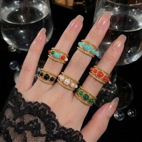 Vintage Adjustable Ring For Women Stainless Steel Twisted Rope Texture Inlaid Colorful Resin Stones Retro Bohemian Style