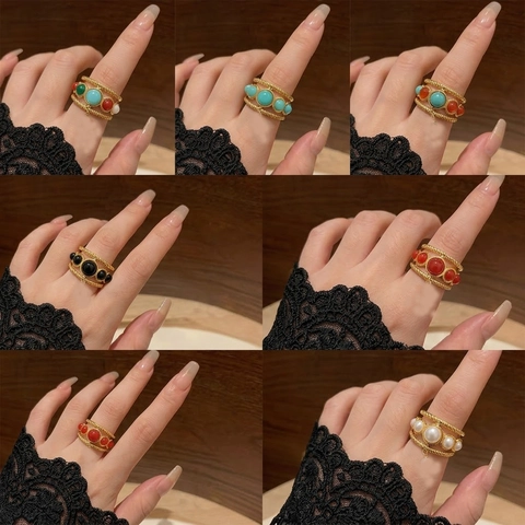 Vintage Adjustable Ring For Women Stainless Steel Twisted Rope Texture Inlaid Colorful Resin Stones Retro Bohemian Style