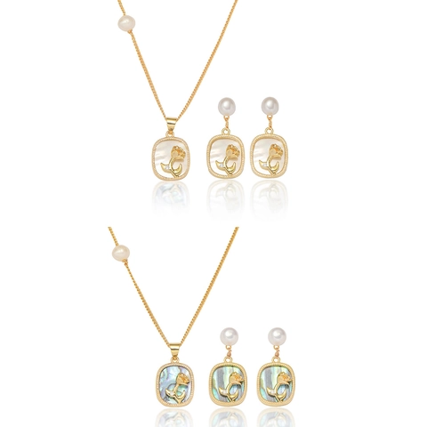 Retro Titanium Steel Rose Shell Necklace Rhinestone Artificial Pearl Pendant Earrings Jewelry Set For Women