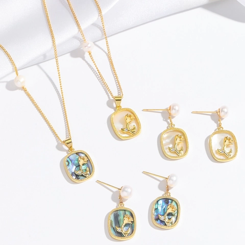 Retro Titanium Steel Rose Shell Necklace Rhinestone Artificial Pearl Pendant Earrings Jewelry Set For Women