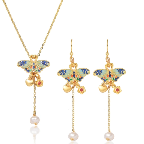 Vintage Enamel Butterfly Pendant Necklace And Dangle Earrings Jewelry Set Gold Plated Stainless Steel Pearl Charm Jewelry