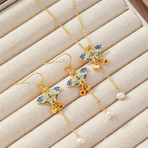 Vintage Enamel Butterfly Pendant Necklace And Dangle Earrings Jewelry Set Gold Plated Stainless Steel Pearl Charm Jewelry
