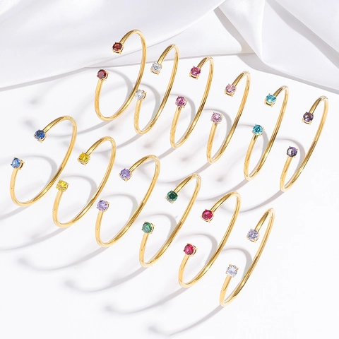 Western Style Stainless Steel Open Bangle For Women Gold Plated Round Zirconia Inlaid Adjustable Minimalist Fashion Bracelet