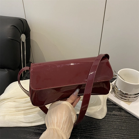 Women Fashion Minimalist Patent Leather PU Armpit Bag Solid Color Shoulder Baguette Handbag Elegant Daily Commuting Purse