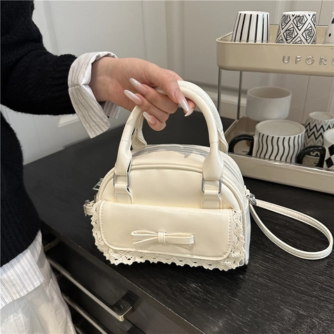 Bolso de Hombro Dulce de Cuero PU con Lazo para Mujer Encaje Bolso de Mano Retro Color Sólido
