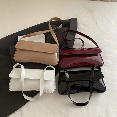 Women Fashion Minimalist Patent Leather PU Armpit Bag Solid Color Shoulder Baguette Handbag Elegant Daily Commuting Purse